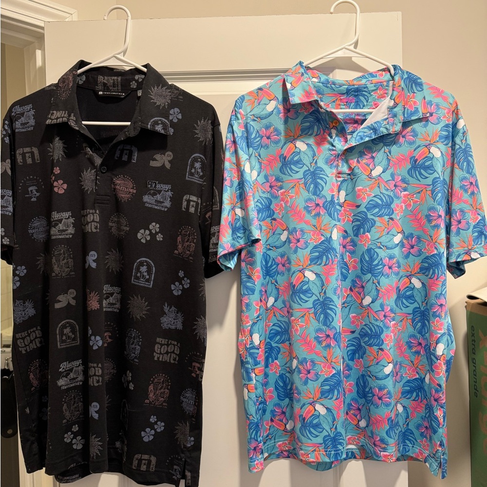 3 polos for 1. Travis Mathew Black Polo, Lofty Llama Polo, Pebble Beach Golf